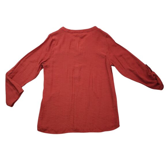 BYdesign Top Womens Large Orange Crochet Roll Tab Sleeve Button Front Boho - Picture 9 of 11